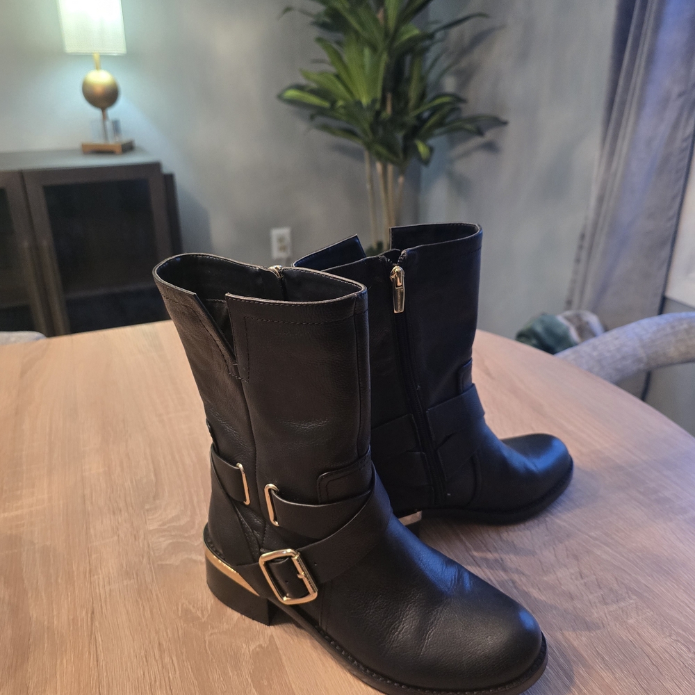 Michael Kors Black And Gold Leather Mid High Booties Size 7-EXCELLENT! - Picture 7 of 16